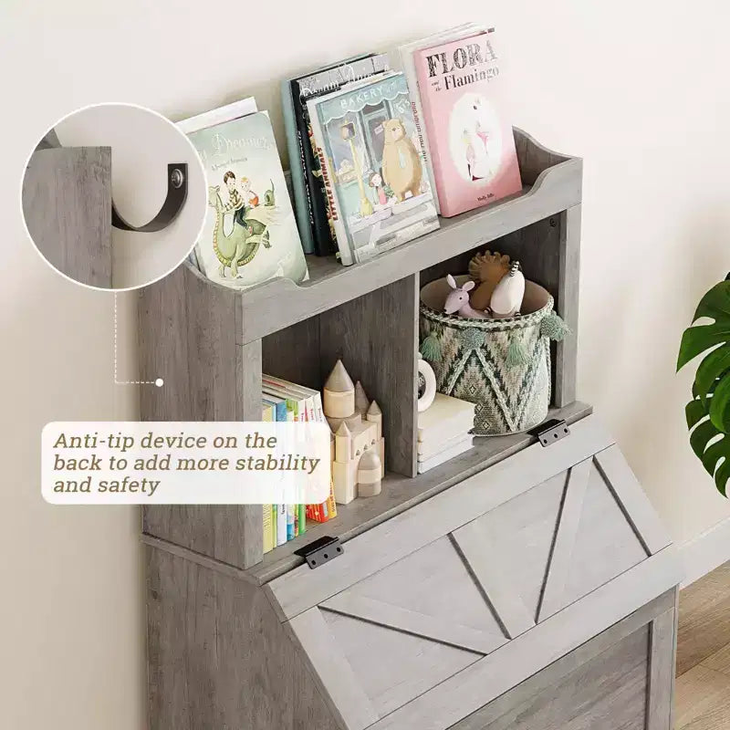 Libreria per bambini in legno a 3 ripiani e organizer per giocattoli con coperchio a ribalta