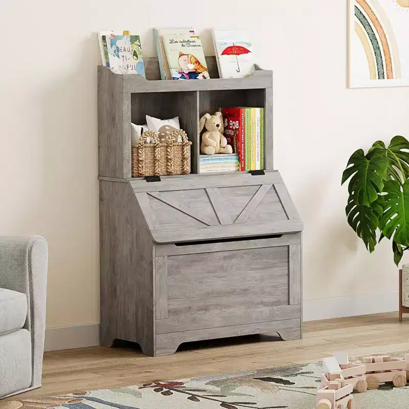 Libreria per bambini in legno a 3 ripiani e organizer per giocattoli con coperchio a ribalta