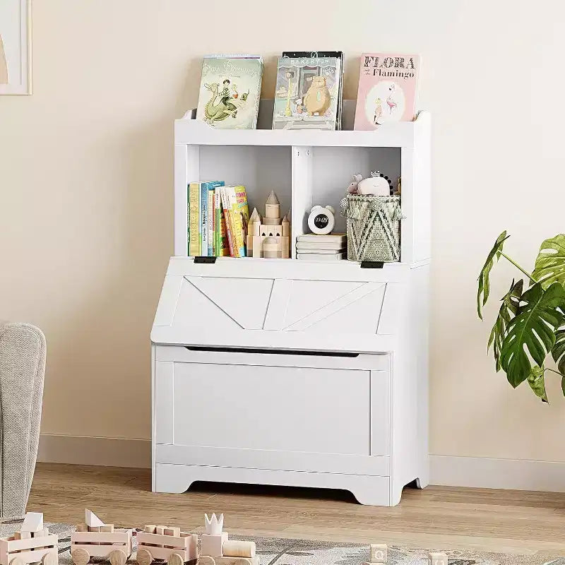 Libreria per bambini in legno a 3 ripiani e organizer per giocattoli con coperchio a ribalta