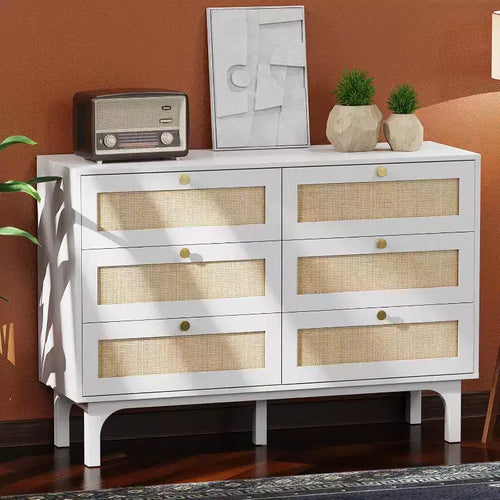 VINGLI White Dresser 6 Drawer, 47.2 W Rattan Boho Dresser
