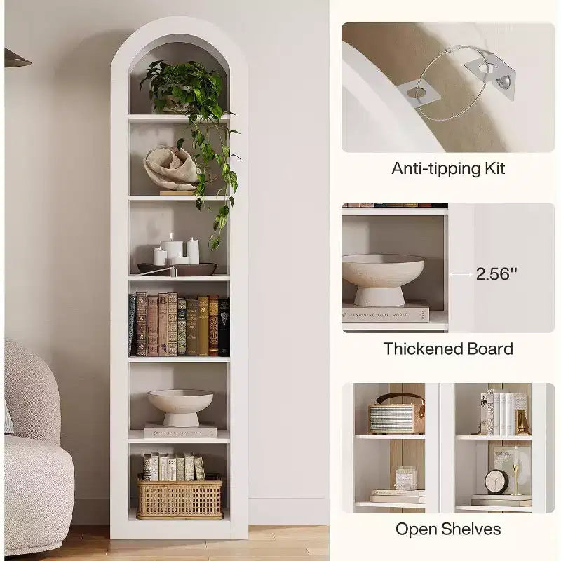 Libreria stretta ad arco a 6 ripiani alta 190 cm - Scaffale angolare a pavimento