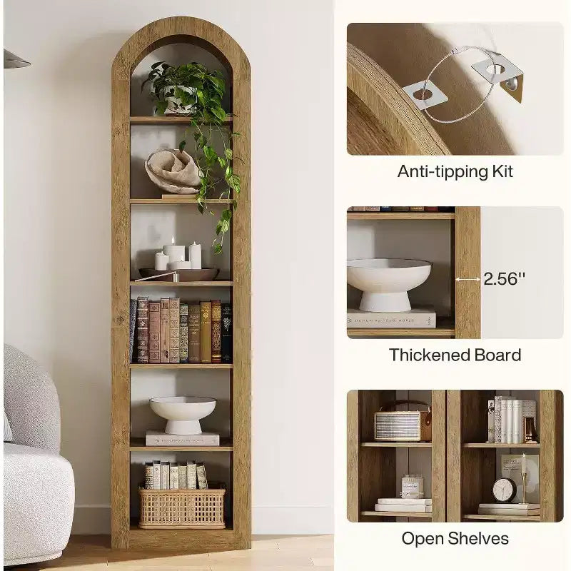 Libreria stretta ad arco a 6 ripiani alta 190 cm - Scaffale angolare a pavimento