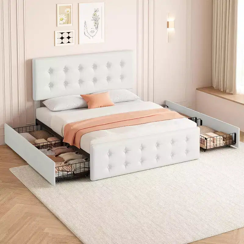 Struttura letto a piattaforma matrimoniale con testiera imbottita e 4 cassetti contenitore - Non è necessaria la rete a molle