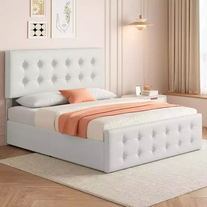 Struttura letto a piattaforma matrimoniale con testiera imbottita e 4 cassetti contenitore - Non è necessaria la rete a molle