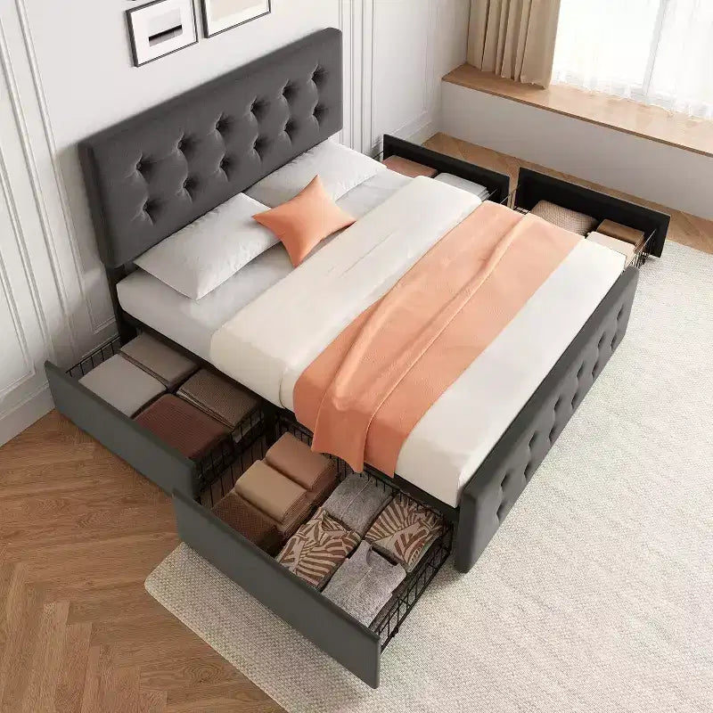 Struttura letto a piattaforma matrimoniale con testiera imbottita e 4 cassetti contenitore - Non è necessaria la rete a molle