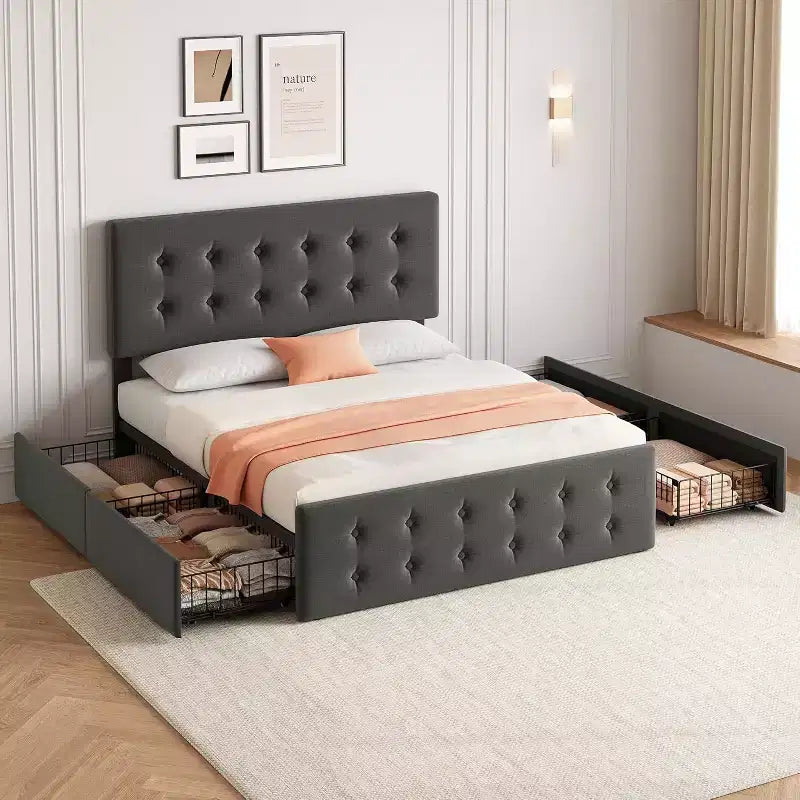Struttura letto a piattaforma matrimoniale con testiera imbottita e 4 cassetti contenitore - Non è necessaria la rete a molle