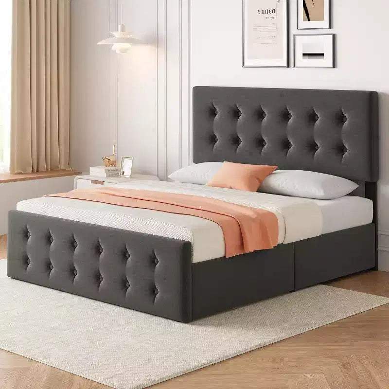 Struttura letto a piattaforma matrimoniale con testiera imbottita e 4 cassetti contenitore - Non è necessaria la rete a molle
