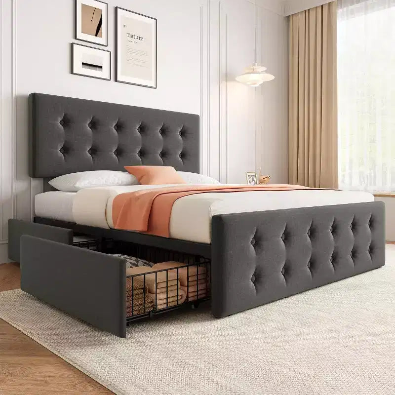 Full Size Platform Bed Frame with an Elegant and Stylish Headboard, 4 Storage Drawers, No Spring Mattress Required, Heavy-Duty Support