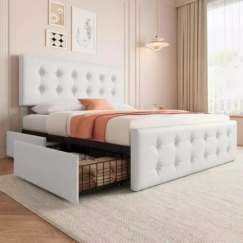 Struttura letto a piattaforma matrimoniale con testiera imbottita e 4 cassetti contenitore - Non è necessaria la rete a molle