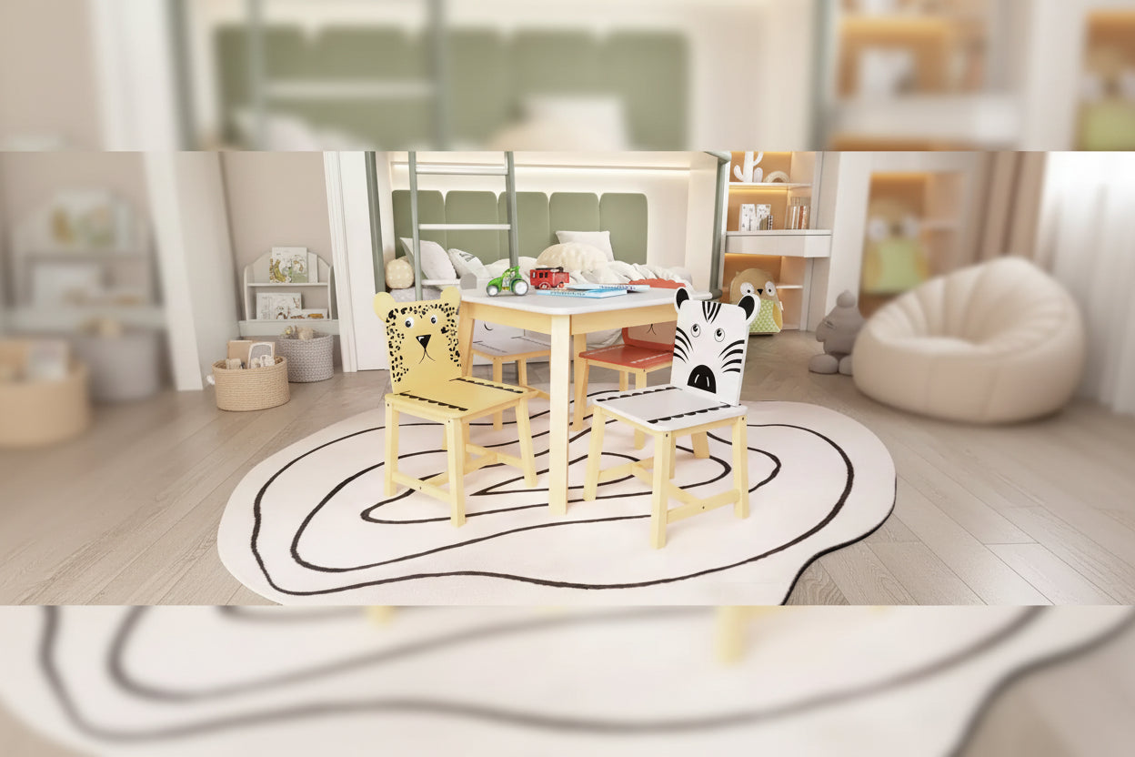 Kids Table and Chair Set Kids Wood Table with 4 Chairs Set Cartoon Animals Chairs Backrest Cute Table and Chair Set