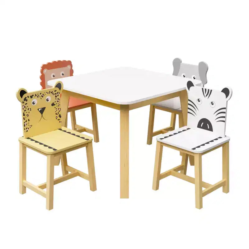Set Tavolo e 4 Sedie in Legno per Bambini con Schienali a Forma di Animali dei Cartoni Animati