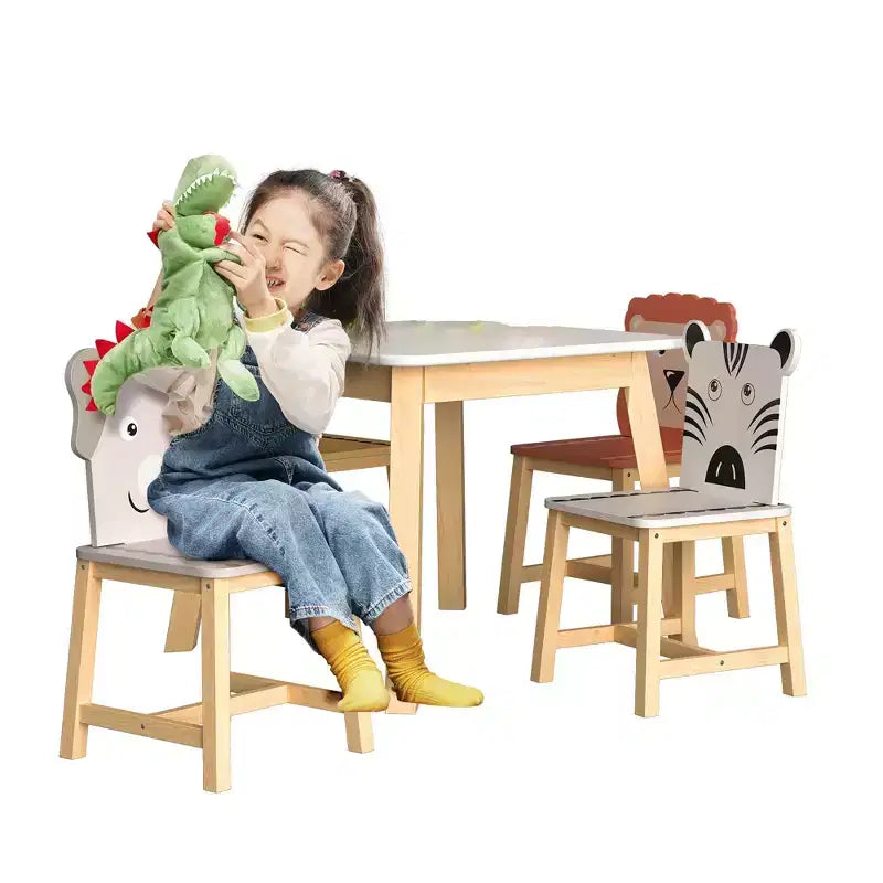 Set Tavolo e 4 Sedie in Legno per Bambini con Schienali a Forma di Animali dei Cartoni Animati