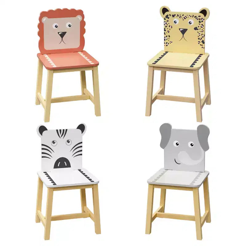 Set Tavolo e 4 Sedie in Legno per Bambini con Schienali a Forma di Animali dei Cartoni Animati