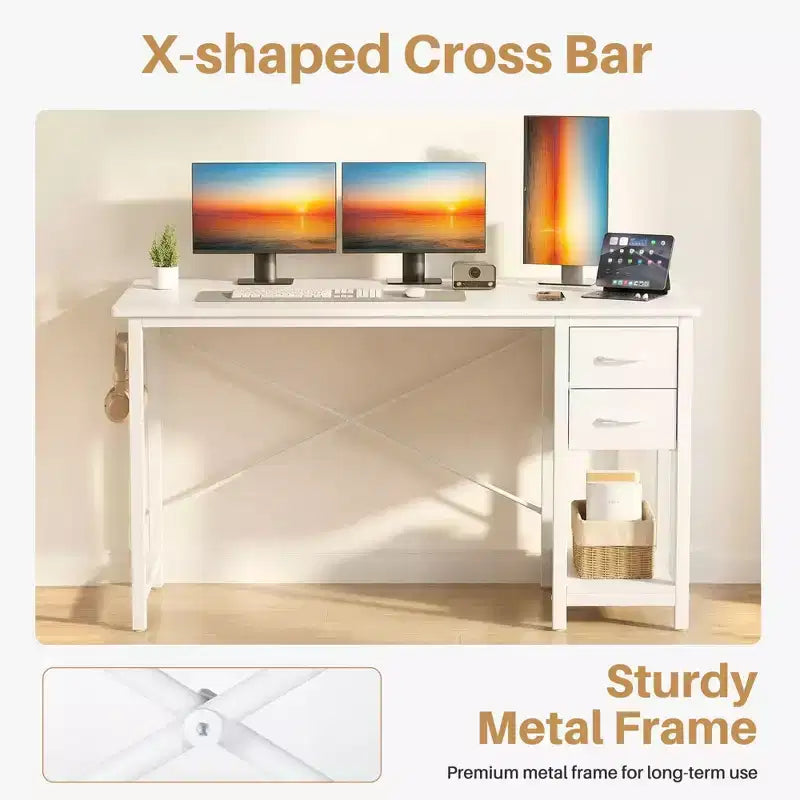 Scrivania per Computer da 122 x 51 cm con Cassetti a 2 Livelli e Gancio per Cuffie - Struttura in Metallo