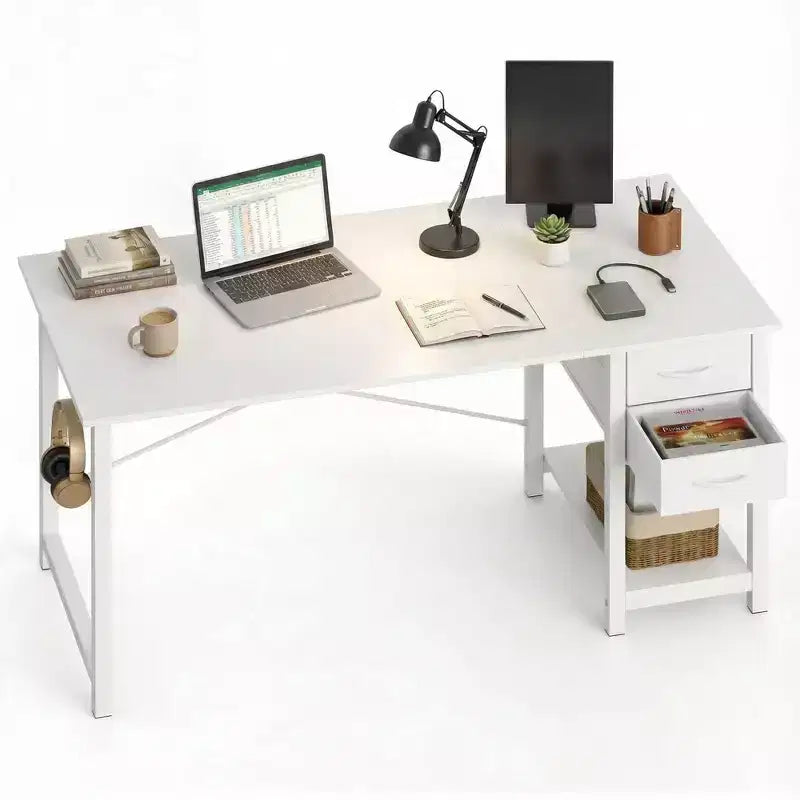 Scrivania per Computer da 122 x 51 cm con Cassetti a 2 Livelli e Gancio per Cuffie - Struttura in Metallo