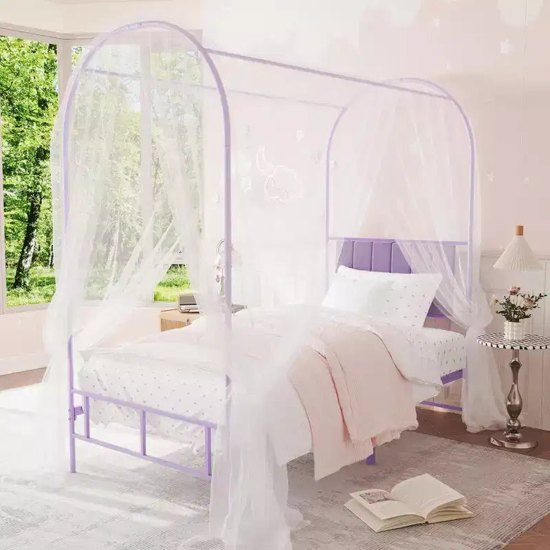 Struttura Letto a Baldacchino Singolo con Testiera Imbottita e Doghe a Piattaforma in Metallo