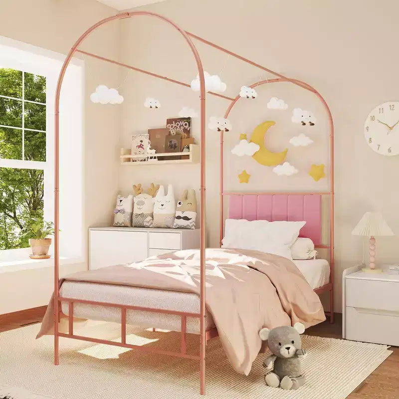 GustoWave Twin Canopy Bed Frame with Upholstered Headboard, Metal Platform Bed Frame with Strong Slats Support