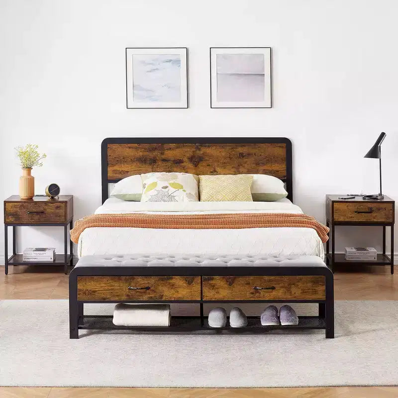 GustoWave Rustic Large Bed Frame w/Bench and 2 Storage Drawers, Metal Platform Bed Frame w/Wood Headboard, No Box Spring Needed