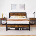 GustoWave Rustic Large Bed Frame w/Bench and 2 Storage Drawers, Metal Platform Bed Frame w/Wood Headboard, No Box Spring Needed