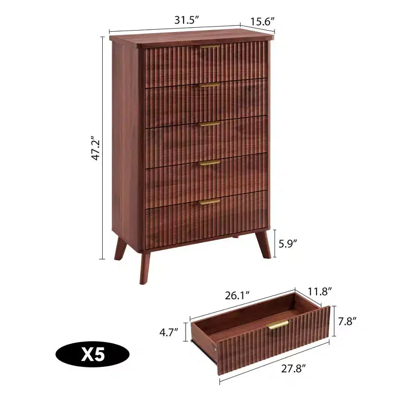Cassettiera a 5 cassetti alta 47,2 pollici con profilo curvo e cassetti in legno scanalato - Maniglie dorate