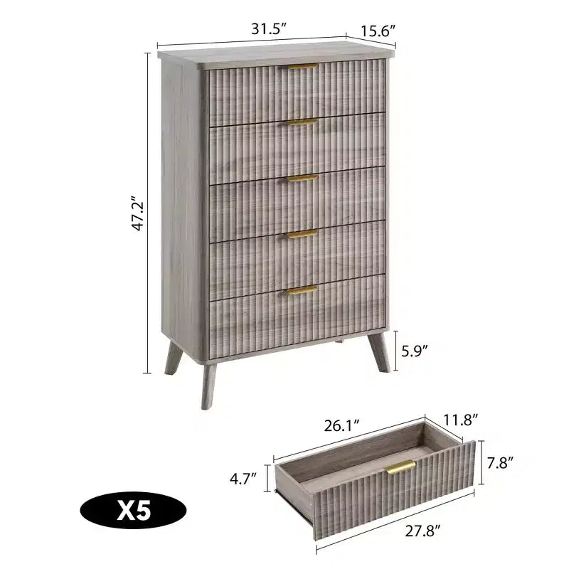 Cassettiera a 5 cassetti alta 47,2 pollici con profilo curvo e cassetti in legno scanalato - Maniglie dorate