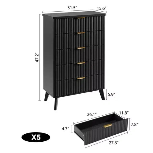 Cassettiera a 5 cassetti alta 47,2 pollici con profilo curvo e cassetti in legno scanalato - Maniglie dorate