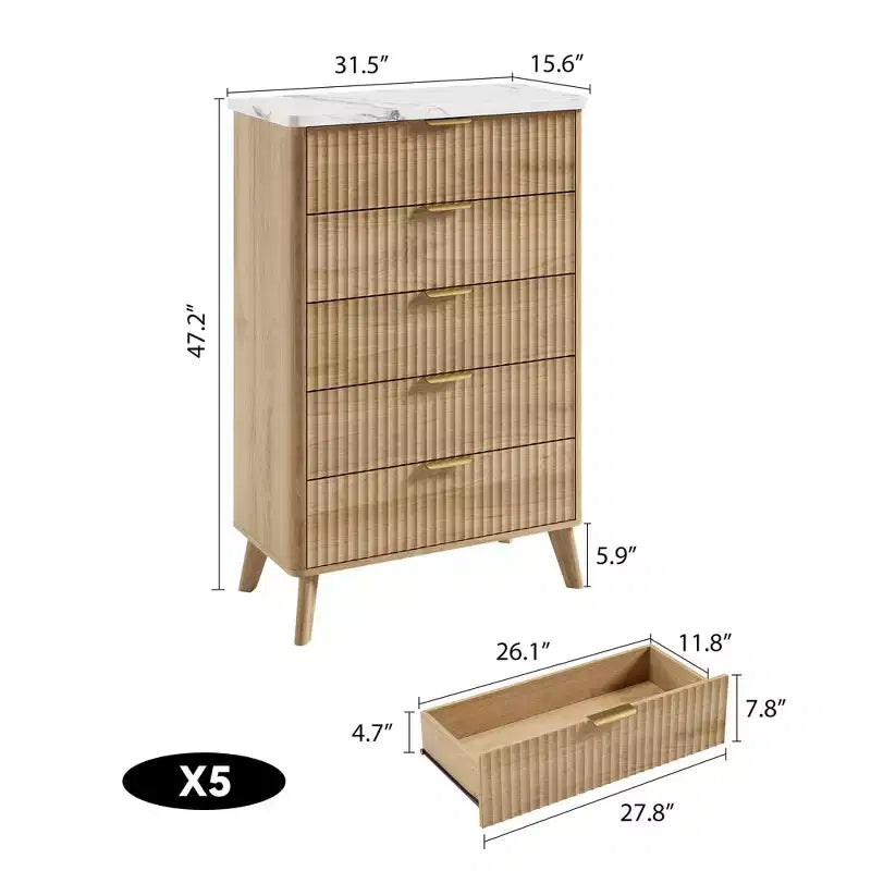 Cassettiera a 5 cassetti alta 47,2 pollici con profilo curvo e cassetti in legno scanalato - Maniglie dorate