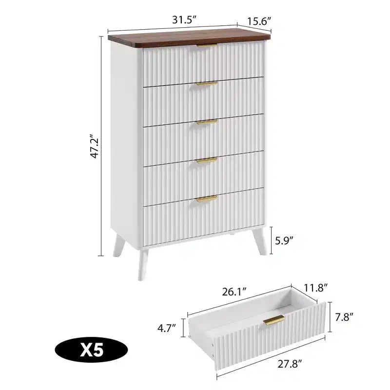Cassettiera a 5 cassetti alta 47,2 pollici con profilo curvo e cassetti in legno scanalato - Maniglie dorate