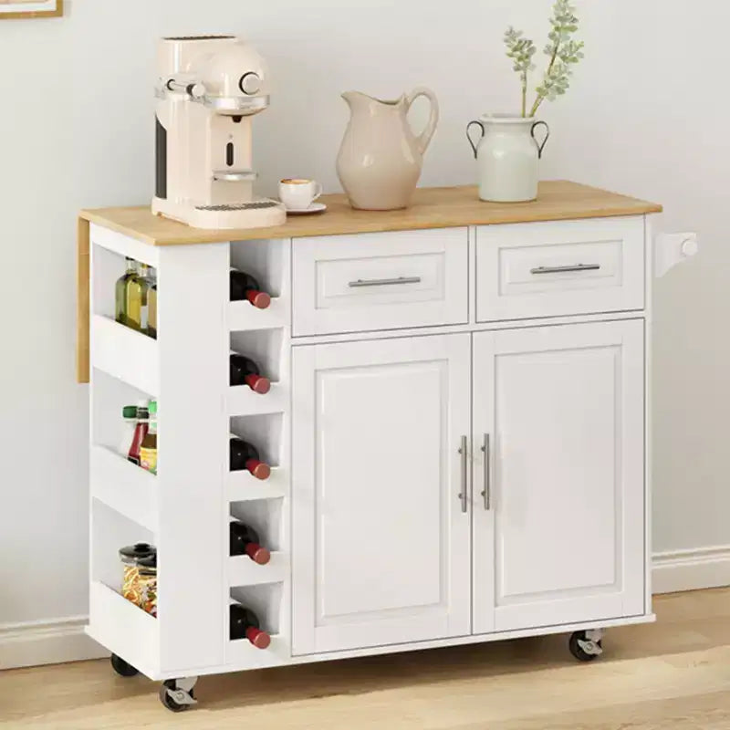 Okak Multi-Functional Kitchen Island with 2 Door Cabinet and 2 Drawers, Kitchen Cart with Spice Rack, Towel Holder and Foldable Wooden Top, White