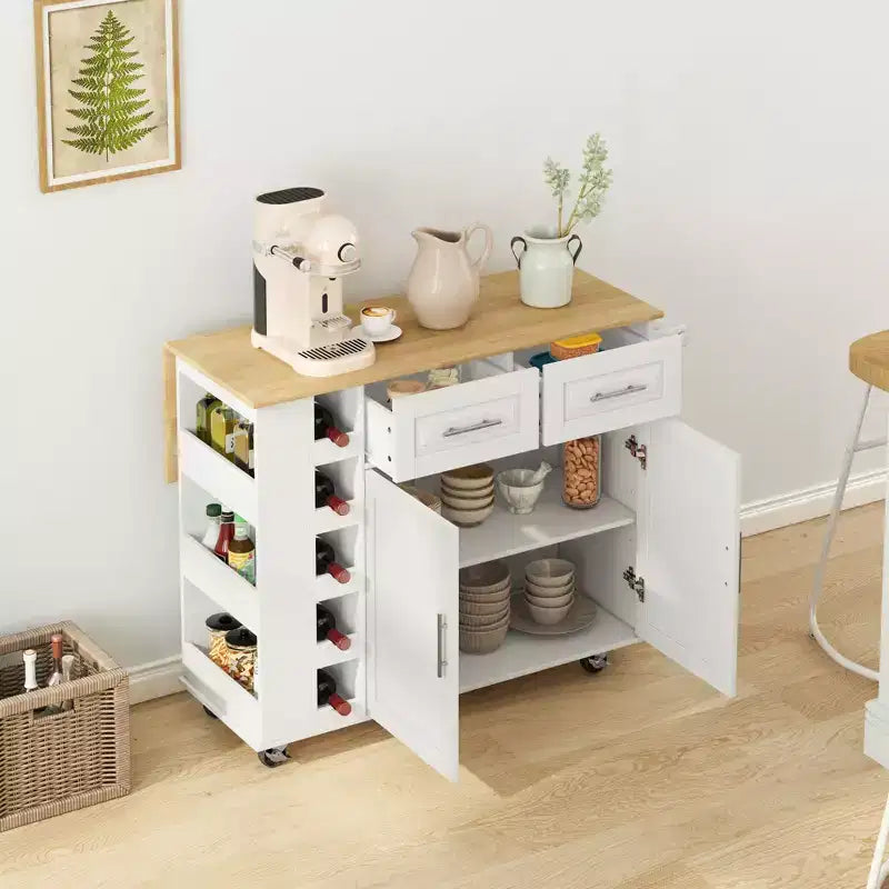 Carrello da Cucina con Isola, Mobile a 2 Ante, 2 Cassetti, Porta Spezie, Porta Asciugamani e Piano Pieghevole in Legno - Bianco