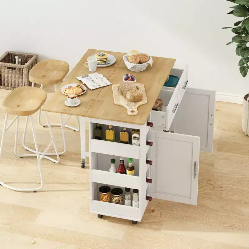 Carrello da Cucina con Isola, Mobile a 2 Ante, 2 Cassetti, Porta Spezie, Porta Asciugamani e Piano Pieghevole in Legno - Bianco