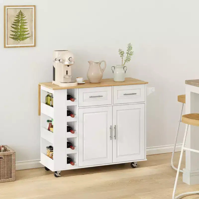 Carrello da Cucina con Isola, Mobile a 2 Ante, 2 Cassetti, Porta Spezie, Porta Asciugamani e Piano Pieghevole in Legno - Bianco
