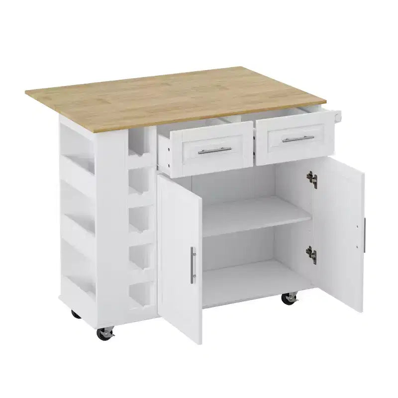 Carrello da Cucina con Isola, Mobile a 2 Ante, 2 Cassetti, Porta Spezie, Porta Asciugamani e Piano Pieghevole in Legno - Bianco
