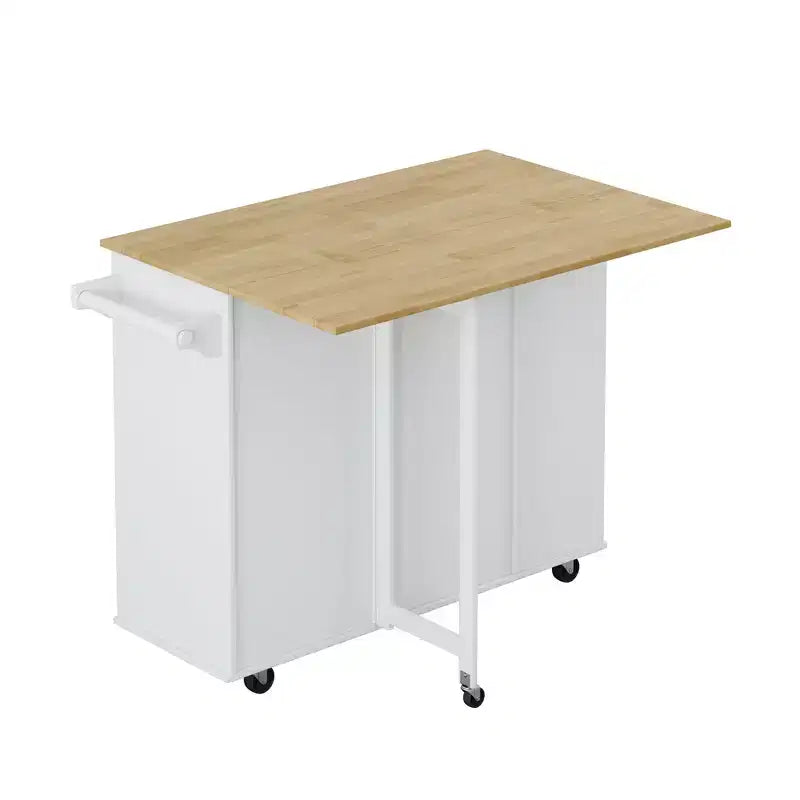 Carrello da Cucina con Isola, Mobile a 2 Ante, 2 Cassetti, Porta Spezie, Porta Asciugamani e Piano Pieghevole in Legno - Bianco