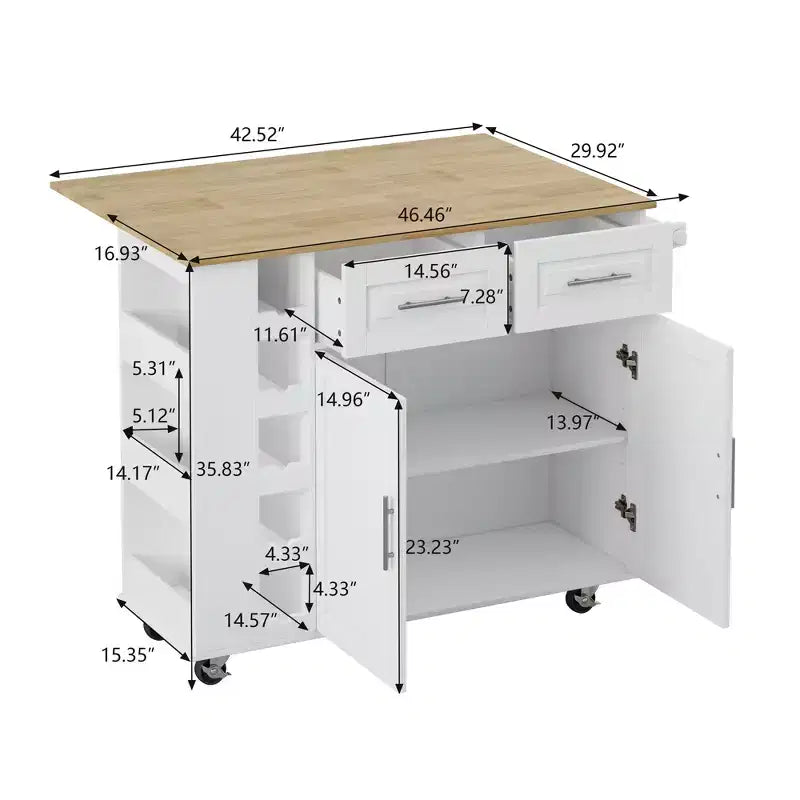 Carrello da Cucina con Isola, Mobile a 2 Ante, 2 Cassetti, Porta Spezie, Porta Asciugamani e Piano Pieghevole in Legno - Bianco