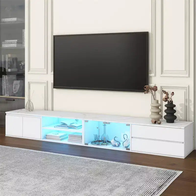 Mobile porta TV per televisori fino a 105 pollici con piano in finto marmo e ante in vetro temperato