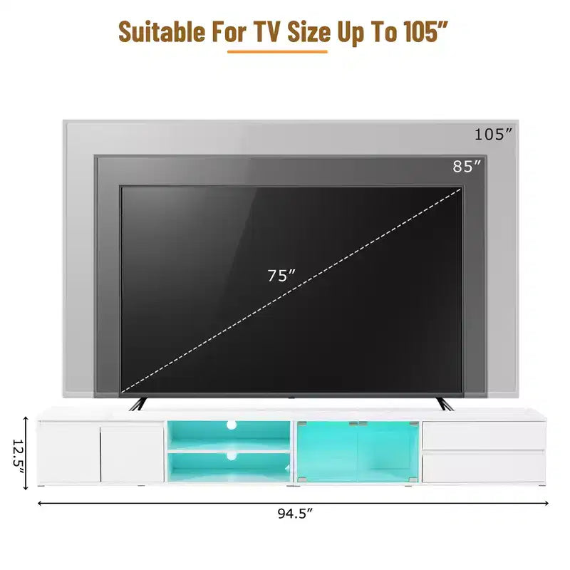 Mobile porta TV per televisori fino a 105 pollici con piano in finto marmo e ante in vetro temperato