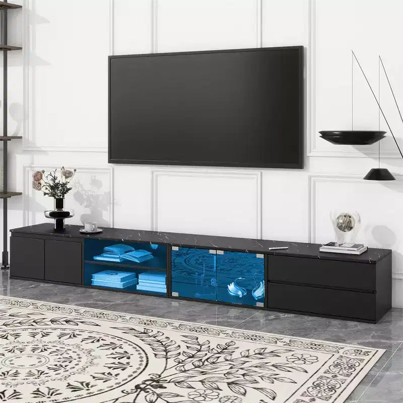 Mobile porta TV per televisori fino a 105 pollici con piano in finto marmo e ante in vetro temperato