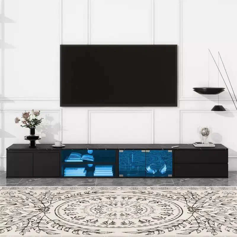 Modern TV Stand for TVs Up to 105 Inches, Faux Marble Tabletop Media Console with Tempered Glass Doors