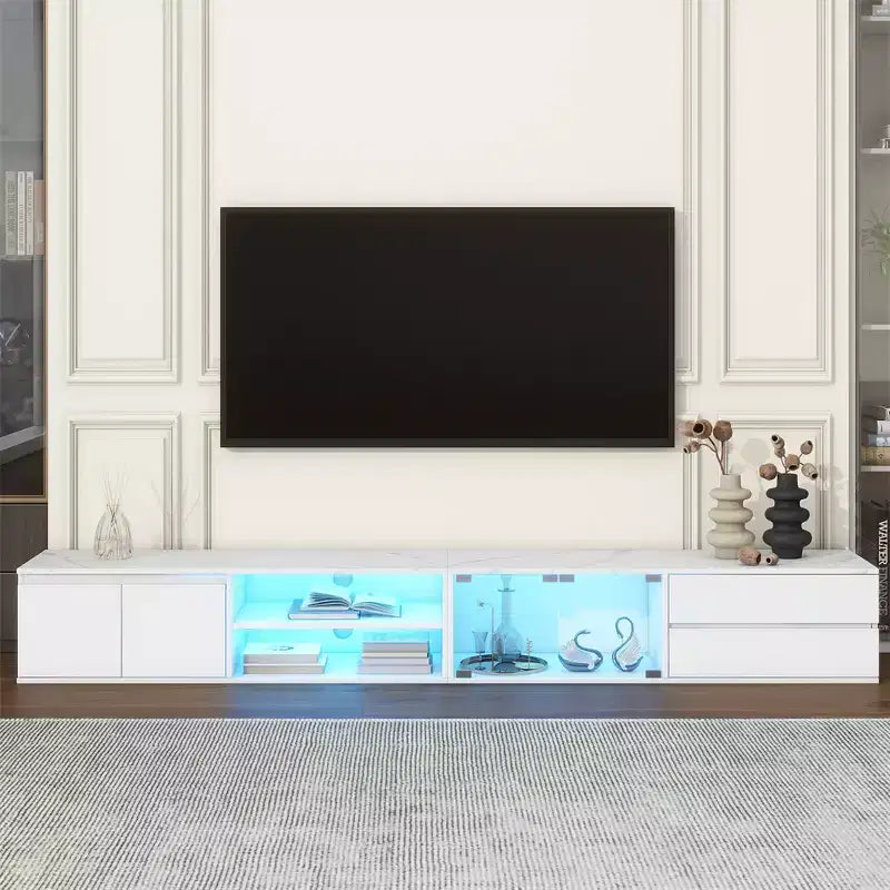 Mobile porta TV per televisori fino a 105 pollici con piano in finto marmo e ante in vetro temperato