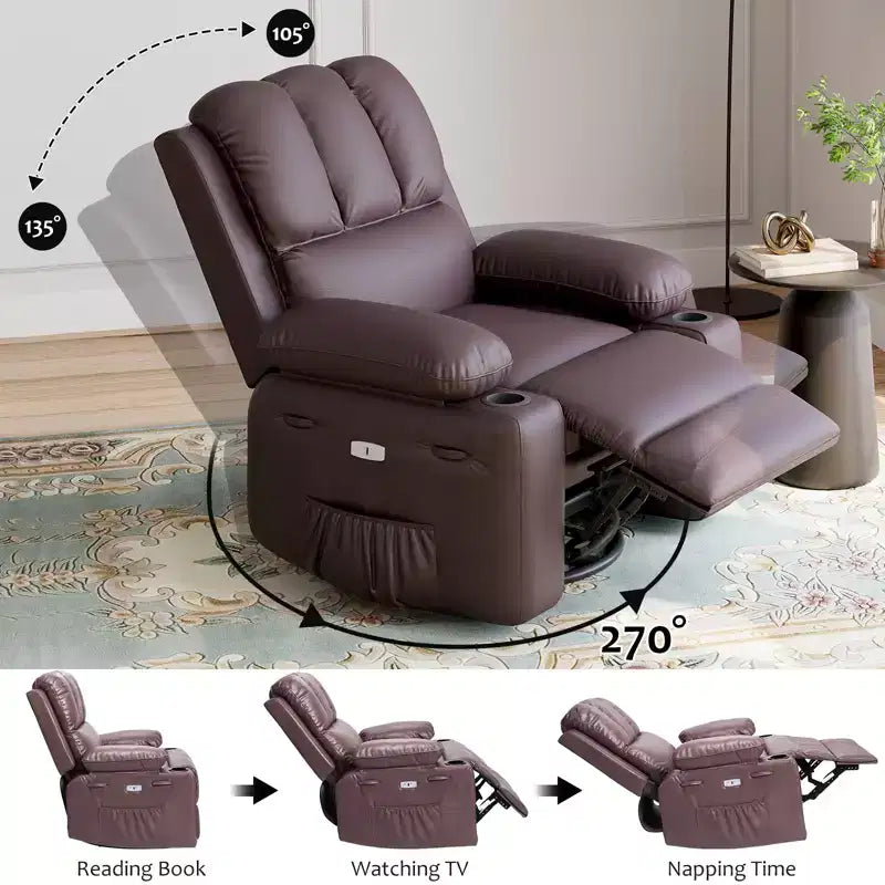Poltrona reclinabile elettrica oversize con massaggio, riscaldamento, girevole a 360°, porta USB e portabicchieri - Capacità 180 kg