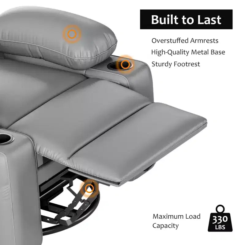 Poltrona reclinabile elettrica oversize con massaggio, riscaldamento, girevole a 360°, porta USB e portabicchieri - Capacità 180 kg