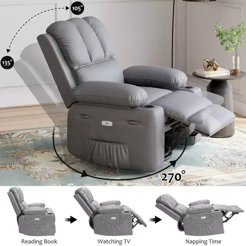 Poltrona reclinabile elettrica oversize con massaggio, riscaldamento, girevole a 360°, porta USB e portabicchieri - Capacità 180 kg
