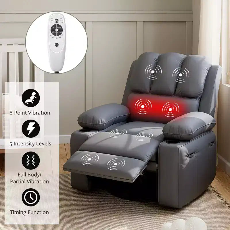 Poltrona reclinabile elettrica oversize con massaggio, riscaldamento, girevole a 360°, porta USB e portabicchieri - Capacità 180 kg