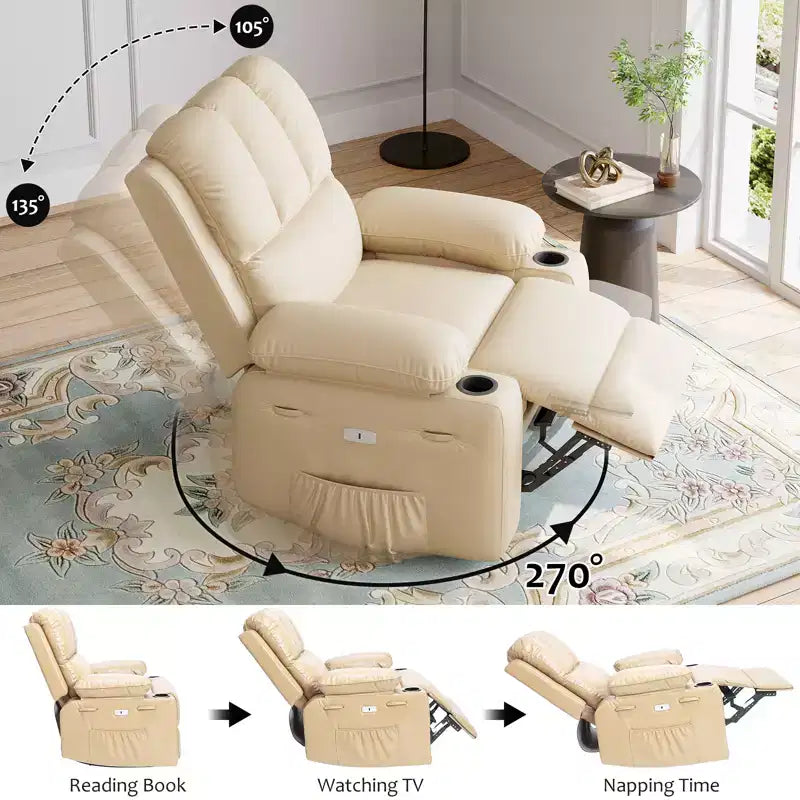 Poltrona reclinabile elettrica oversize con massaggio, riscaldamento, girevole a 360°, porta USB e portabicchieri - Capacità 180 kg