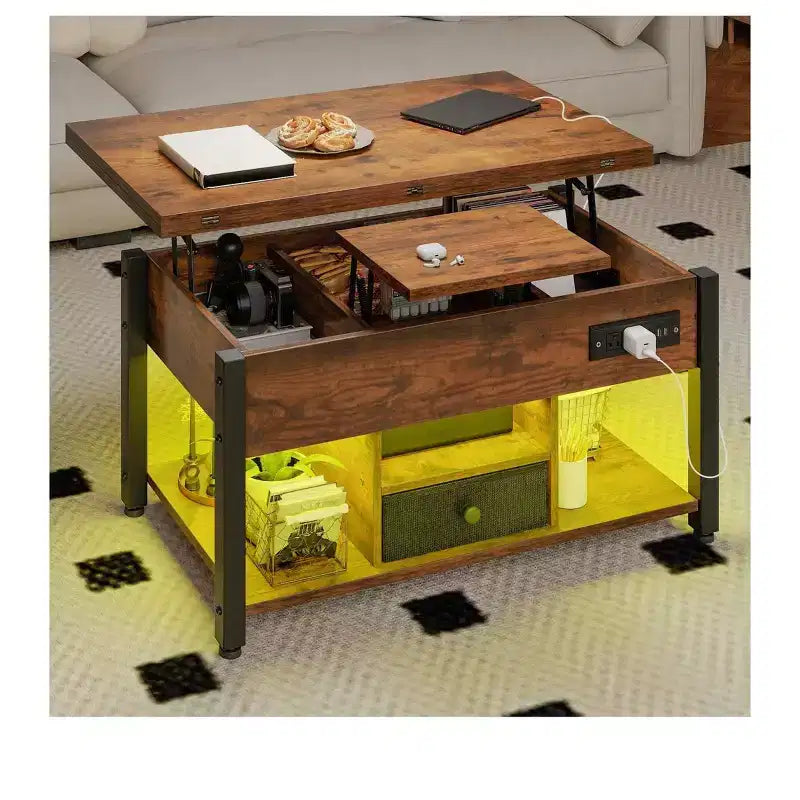 4-in-1 Lift Top Coffee Table with LED & Charging Station Converts to Dining Table Computer Desk Gaming Hub For Dining Room Living Room