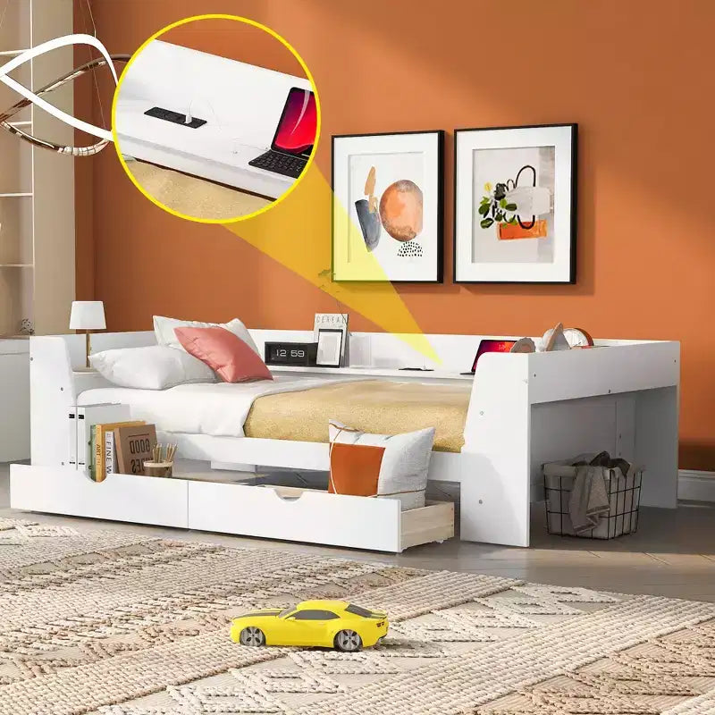 Telaio letto singolo con ripiani portaoggetti, 2 cassetti e stazione di ricarica integrata