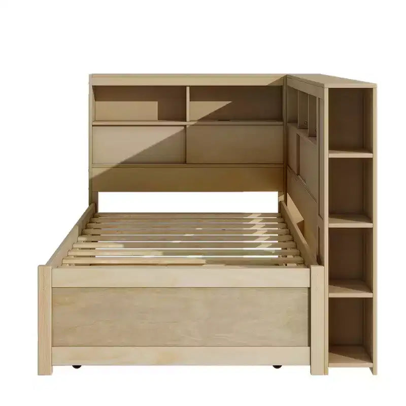 Letto a giorno gemello a L con letto estraibile, mensole a libreria e porta USB
