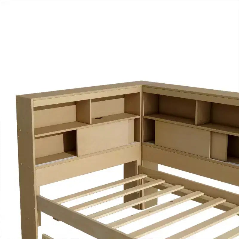 Letto a giorno gemello a L con letto estraibile, mensole a libreria e porta USB