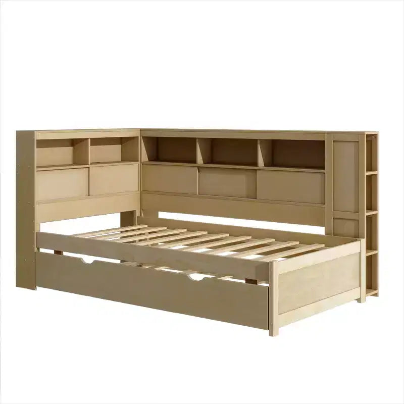 Letto a giorno gemello a L con letto estraibile, mensole a libreria e porta USB